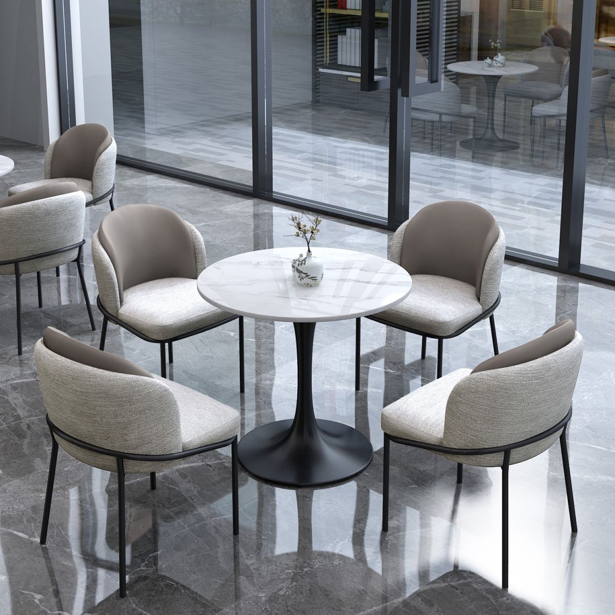 Mesa de comedor estándar Glam White, mesa de comedor de piedra sinterizada de forma redonda con base de tulipán