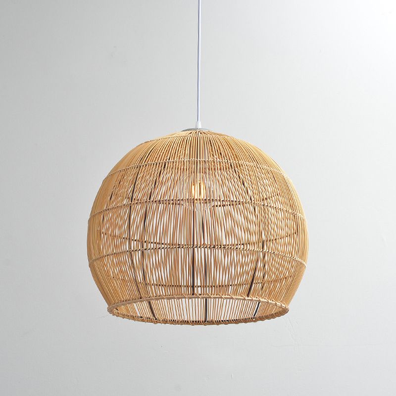 Beige Asia Pendulum Light Dome Rattan 1-Light Hanging Ceiling Light for Dining Room