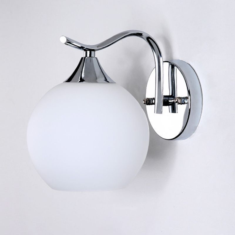 Milk White Globe Glass Wall Lamp Contemporary Simplicity Style Single Bulb Sconce Lighting Fixture in Polished Silver