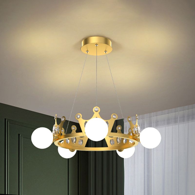 Metal Crown Chandelier Lamp Kids 5/8 Lights Hanging Light with Ball Frosted Glass Shade in Gold