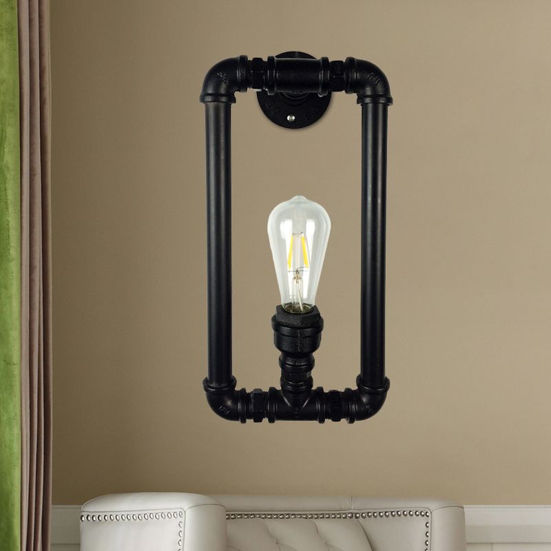 Black Rectangle Sconce Lighting Antiqued Iron 1-Bulb Coffee House Wall Mount Pipe Lamp Fixture