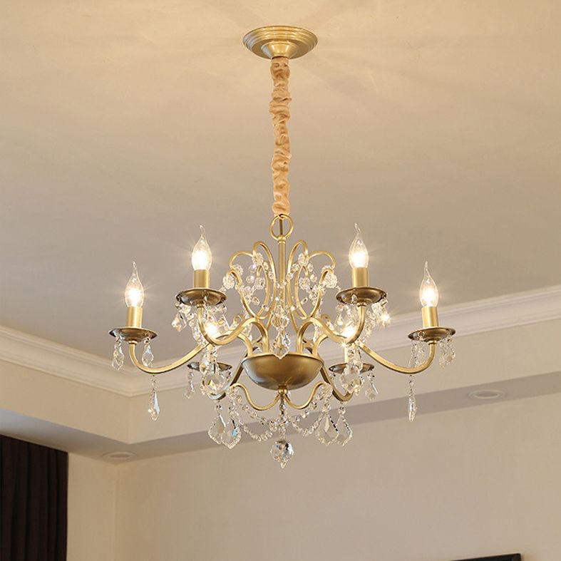 Clear Crystal Pendant Lamp with Candle Lamp Holder Vintage Country Style Chandelier Lighting in Gold