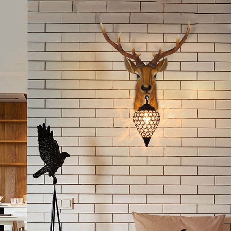 Teardrop Beveled Crystal Wall Lighting Country 15"/20.5"/24.5" Wide 1 Head Bedroom Sconce Lamp with Deer Head in White/Yellow/Gold