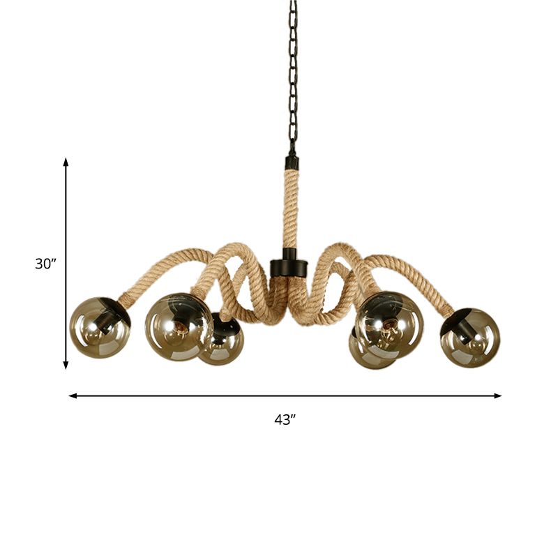 Radial Rope Chandelier Light Traditional 6 Lights Living Room Pendant Lighting with Amber Glass Globe Shade