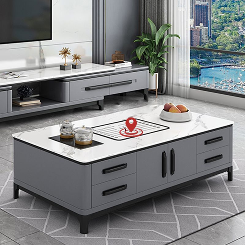 Contemporary Cocktail Table Stone Rectangle Top 4 Legs with 8 Drawers