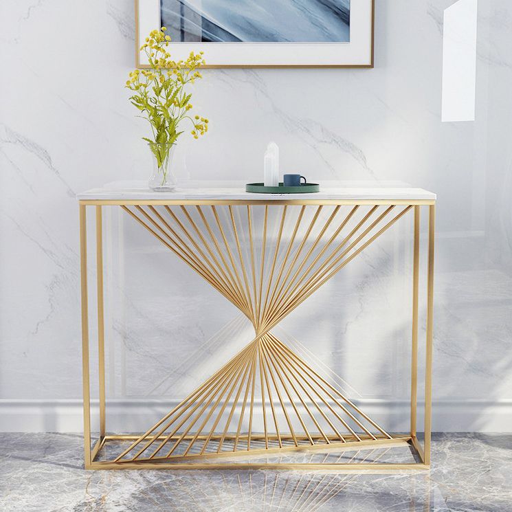Glam Console Accent Table Antique Finish Rectangle Console Table in Marble