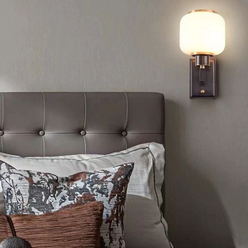 Modern Metal Wall Sconce Lantern Shape Wall Light with Glass Shade for Bedroom