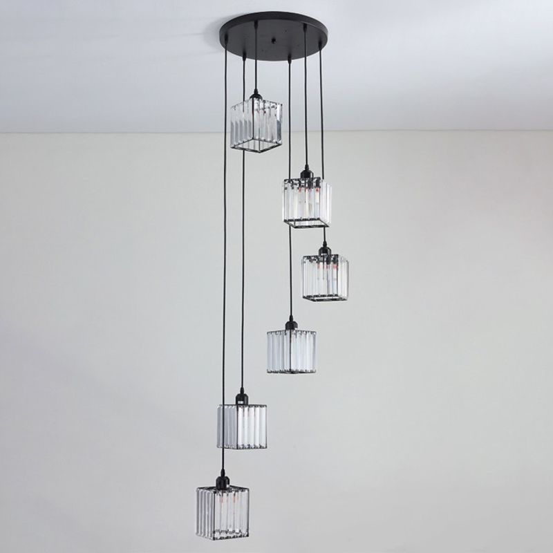 Tri-Prism Crystal Spiral Cube Hanging Light Modern Style 6 Bulbs Multi Light Pendant in Black