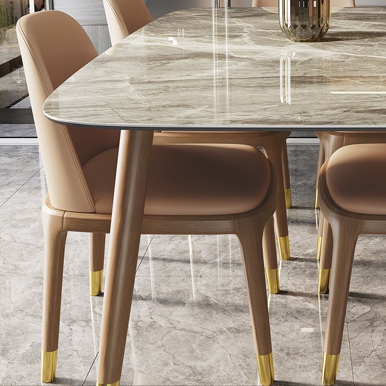Mesa rectangular contemporánea de madera maciza, mesa superior de piedra sinterizada con patas de madera
