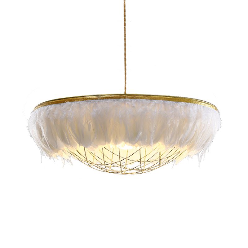 Dome Cage Metallic Chandelier Light Modern 2 Bulbs Gold Hanging Ceiling Lamp with White/Grey/Pink Feather Deco