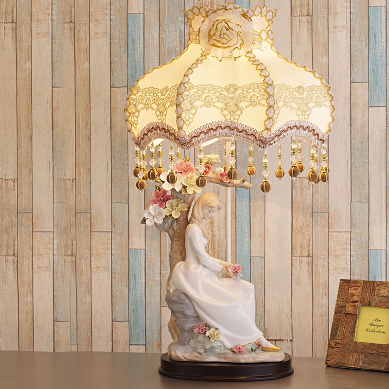 Ceramic Girl Night Lighting Countryside Single Beige Table Lamp with Fabric Shade and Pendant