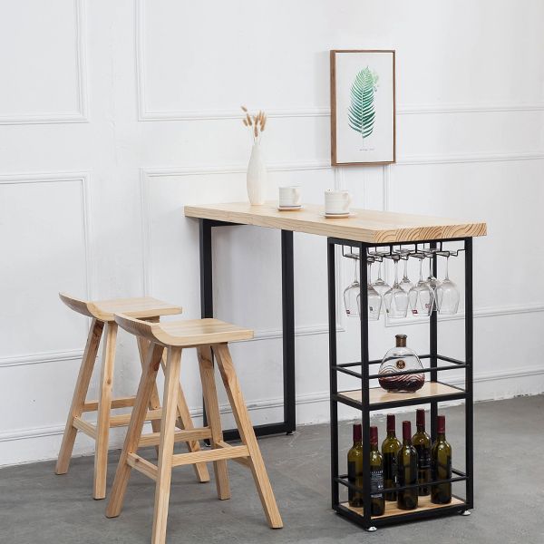 Natural Rectangle Bar Dining Table Pedestal Solid Wood Bar Height Table with Shelves