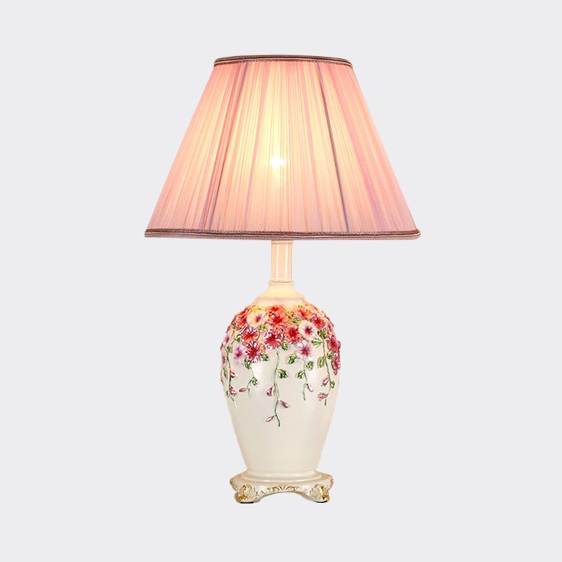 Gathered Fabric Beige/Pink Nightstand Light Conical 1 Light Pastoral Style Table Lamp with Painted Pottery Base