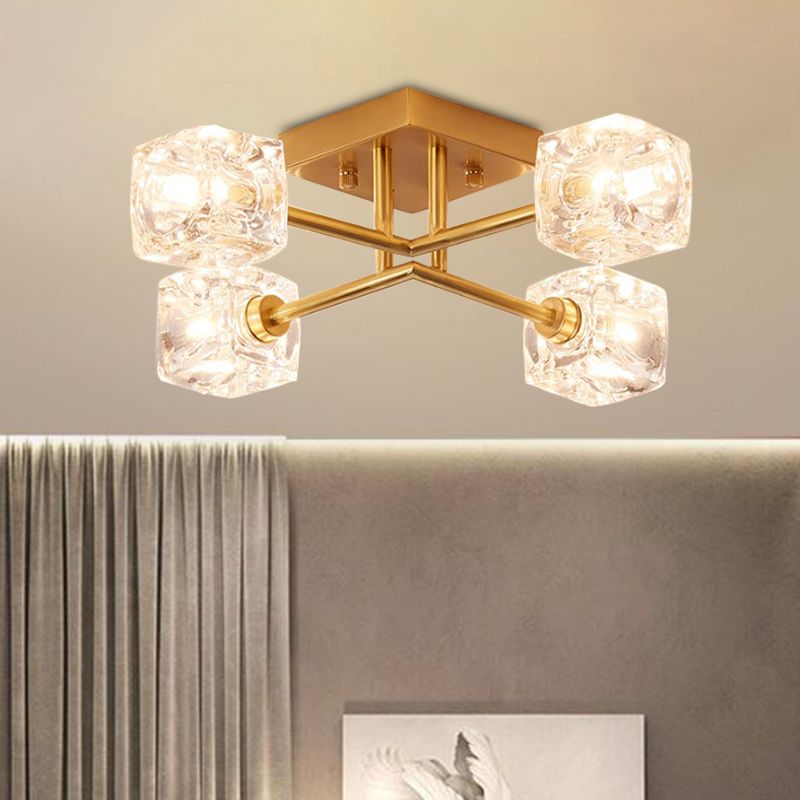 Crystal transparent carré contemporain Crystal clair Crystal 4/6 Éclairage de plafond de chambre à coucher en laiton