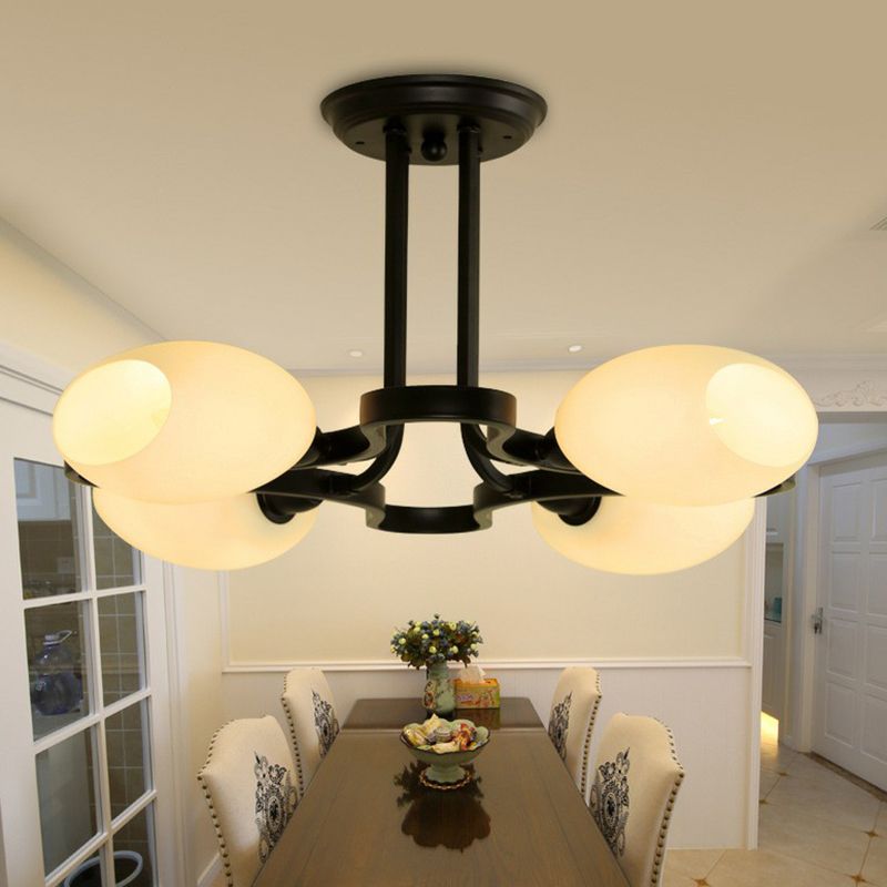 Black Semi Flush Light Rustic Cream Glass Bell Flush Mount Ceiling Chandelier for Living Room