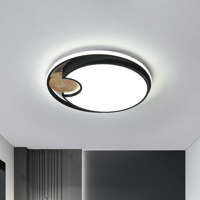 Thin Round Acrylic Flush Mount Simplicity Black LED Ceiling Light in Black with Wood Accent