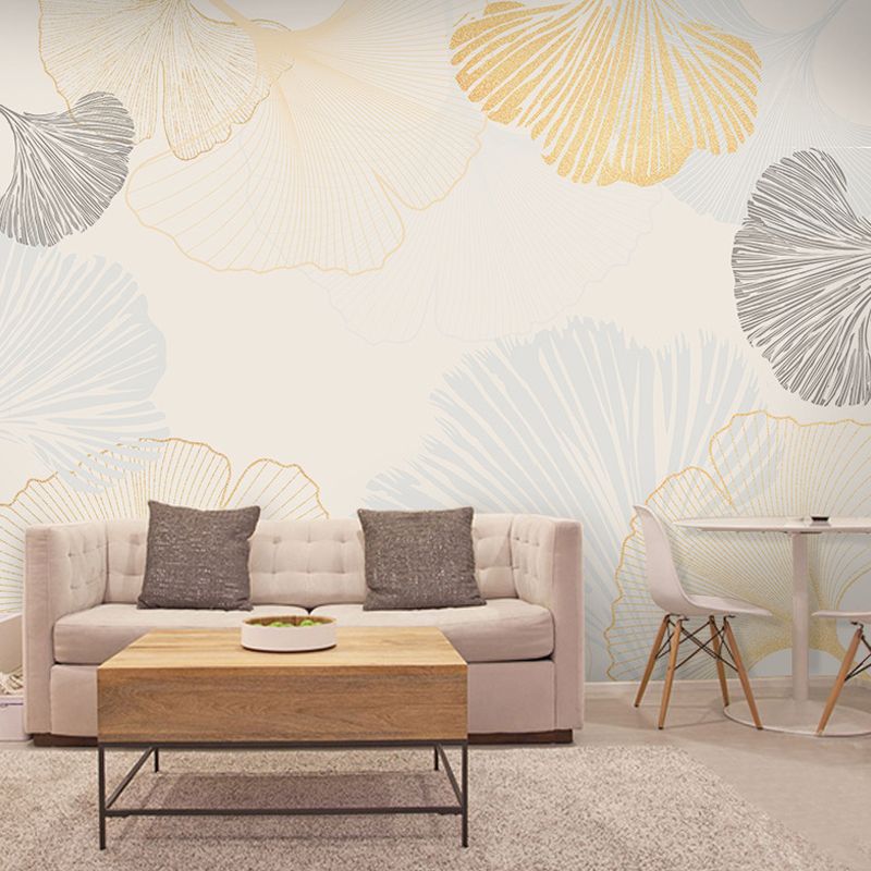 Ginkgo Wall Mural Decal in Blue and Yellow, Nordic Wall Covering for Living Room Decoration