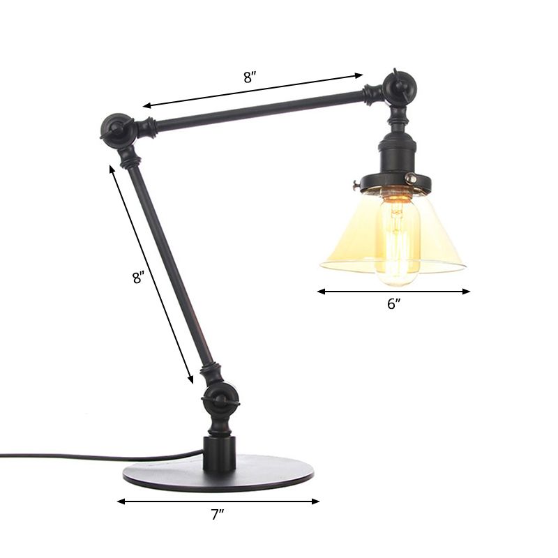 Table conique de style industriel clair Ambre / verre transparent et métal 1 lampe de table de chambre à coucher légère avec bras réglable en noir / laiton