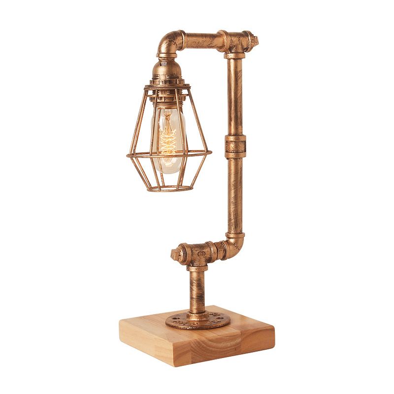 Lampada da tavolo con tubatura industriale 1 illuminazione da tavolo in metallo con base in legno e protezione del filo in bronzo per soggiorno