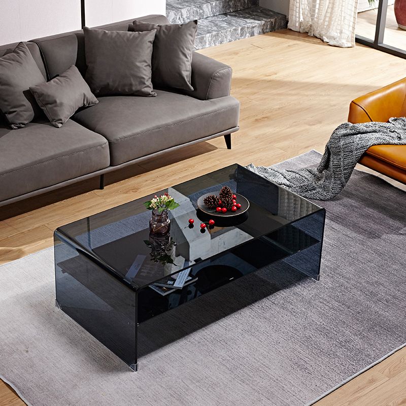 15.7"H Modern Sled Base White/black Glass Square Coffee Table with Shelf