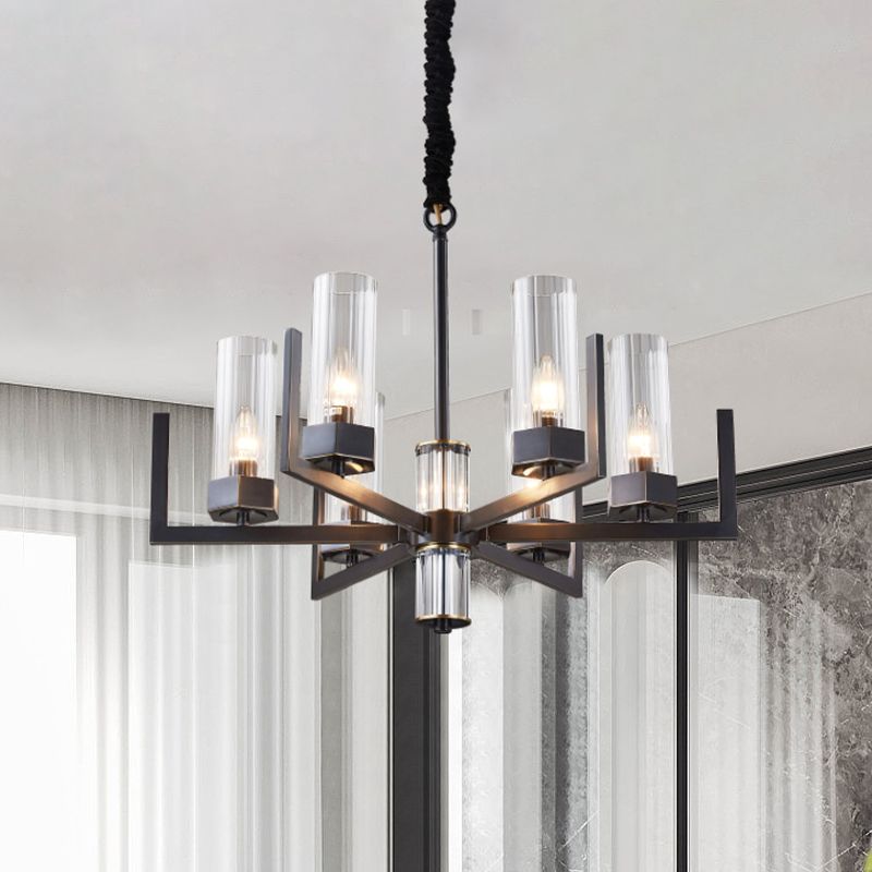 Zwarte radiale kroonluchter vintage metalen 6-bulb eettafel suspensie hanglamp met fluit prismatische glazen schaduw
