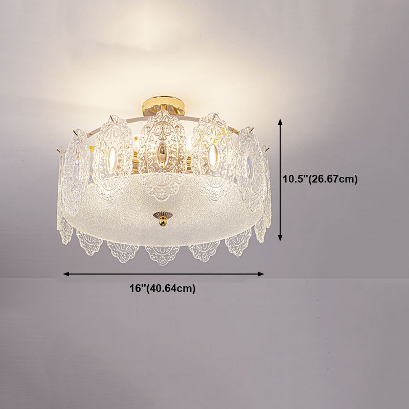 Trommel slaapkamer semi-flush lamp traditionele multi-head gouden plafondverlichting met glazen schaduw