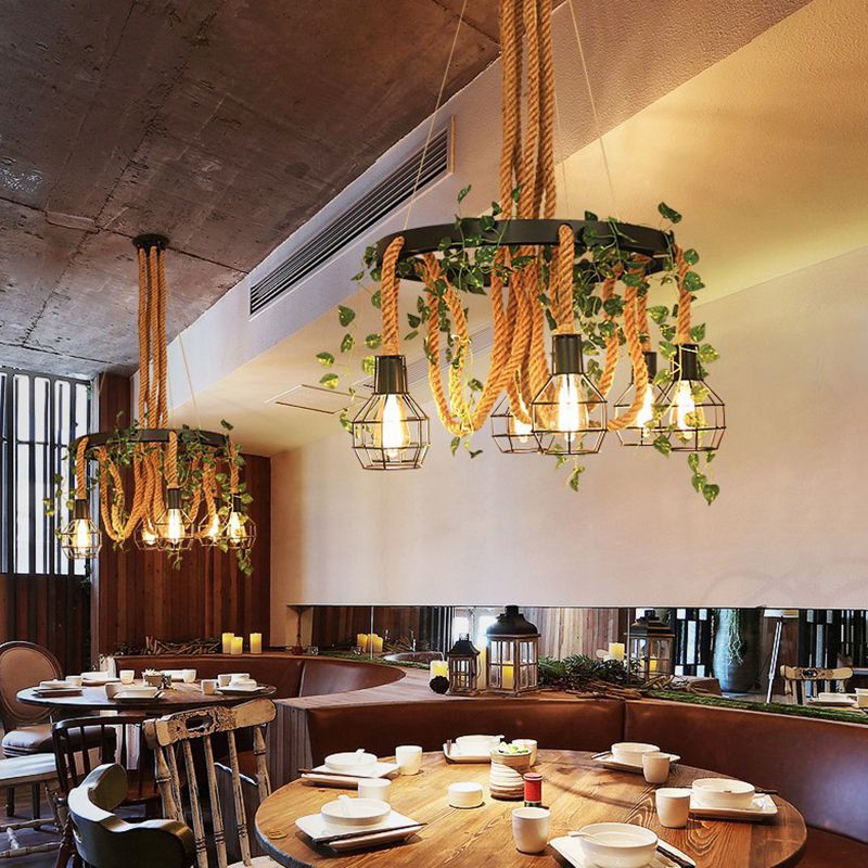 Black Ball Cage Pendant Chandelier Vintage Metal 6 Heads Dining Room Plant Ceiling Light with Rope Rod