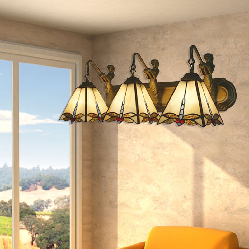 Tiffany Dragonfly Sconce Lighting 3 Heads Beige Glass Wall Mount Light with Mermaid Backplate