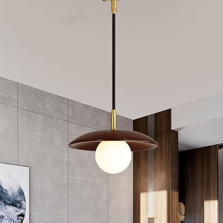 Dark Brown Saucer Pendant Lighting Simple 1-Light Wooden Ceiling Light with White Glass Shade