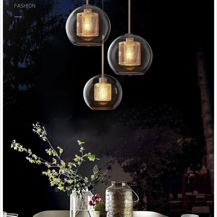 Glass Spherical Pendant Light Fixture Minimalist Hanging Pendant Light in Bronze