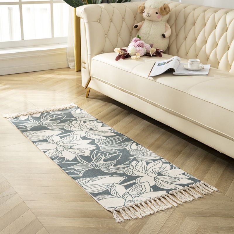 Modern Plant Printed Rug Multi-Colored Jute Area Carpet Easy Care Pet Friendly Stain-Resistant Indoor Rug with Tassel for Bedroom
