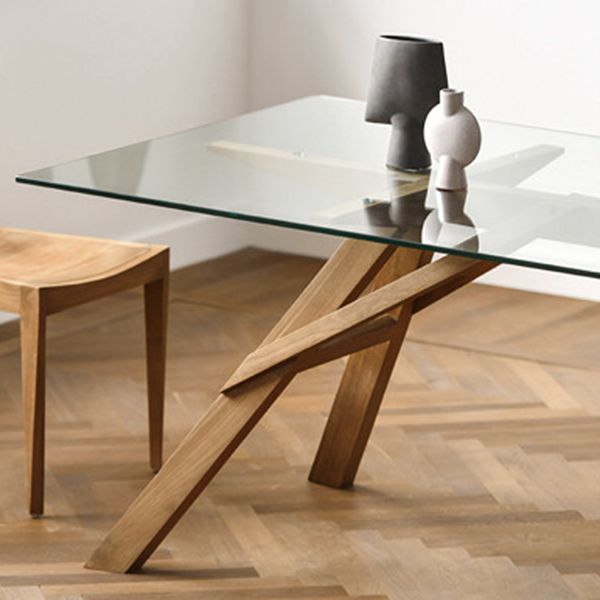 Glass Top Dining Table Modern Dining Table with Solid Wood Base