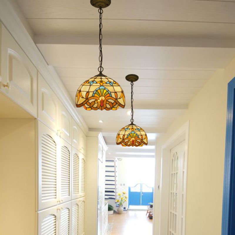 Beige 1 Head Suspension Light Antique Stained Glass Flower Shade Pendant Lighting Fixture