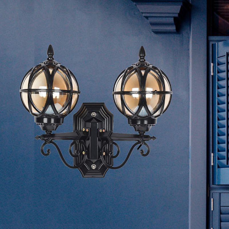 Black/Bronze Spherical Wall Lighting Ideas Country Amber Glass 2-Bulb Patio Surface Wall Sconce with Cage