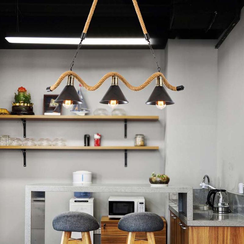3 / 5 - Light Pendant Ceiling Fixture Iron Cone Shade Kitchen Island Light with Hemp Rope