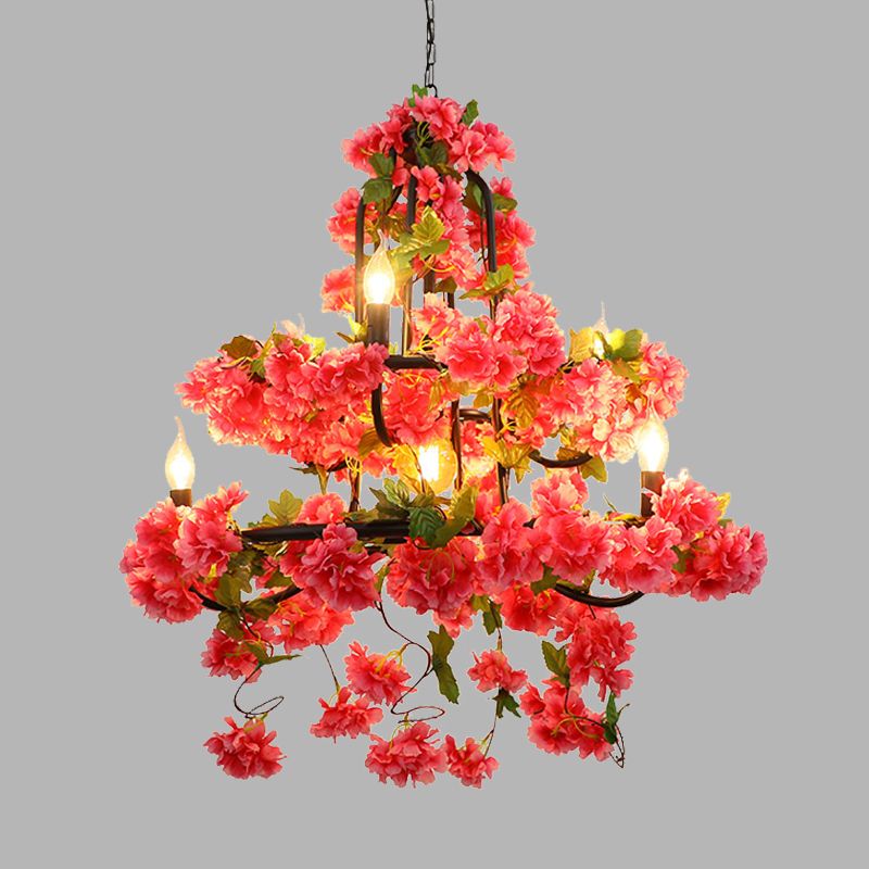Cherry Blossom Restaurant Chandelier Lighting Vintage Metal 7 Lights Rose Red LED Suspension Lamp