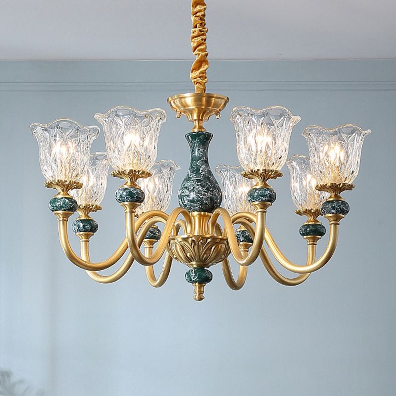 Traditionele wijd uitlopende plafondverlichting gesneden glazen kroonluchter lichtarmatuur met ruchrand in messing