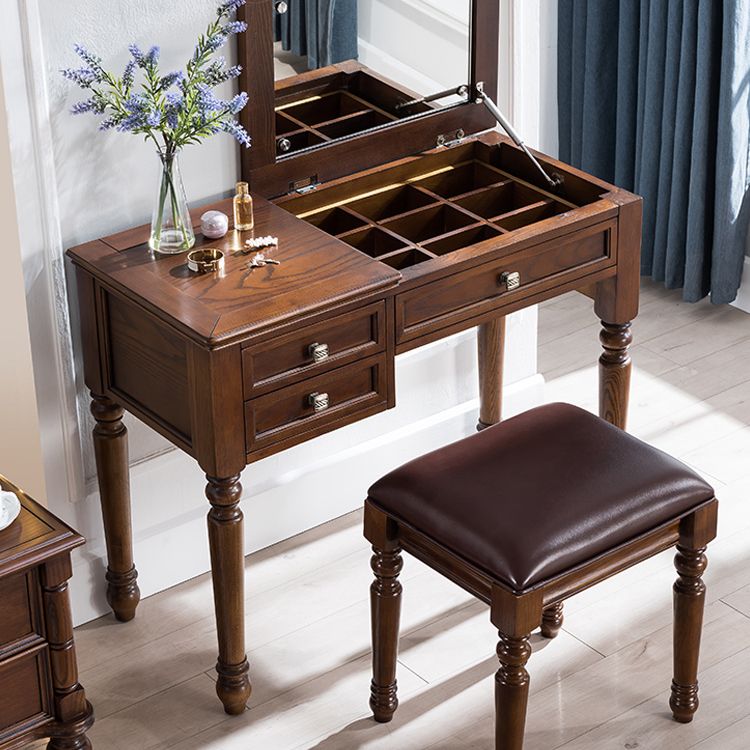 30.7" Height 2-Drawer Brown Solid Wood Dressing Table Mirror Makeup Vanity