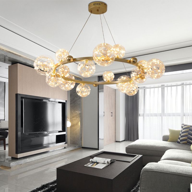 Transparant glas bol LED -licht snaren kroonluchter ronde metalen lamp body moderne stijl eenvoud verlichtingsarmatuur