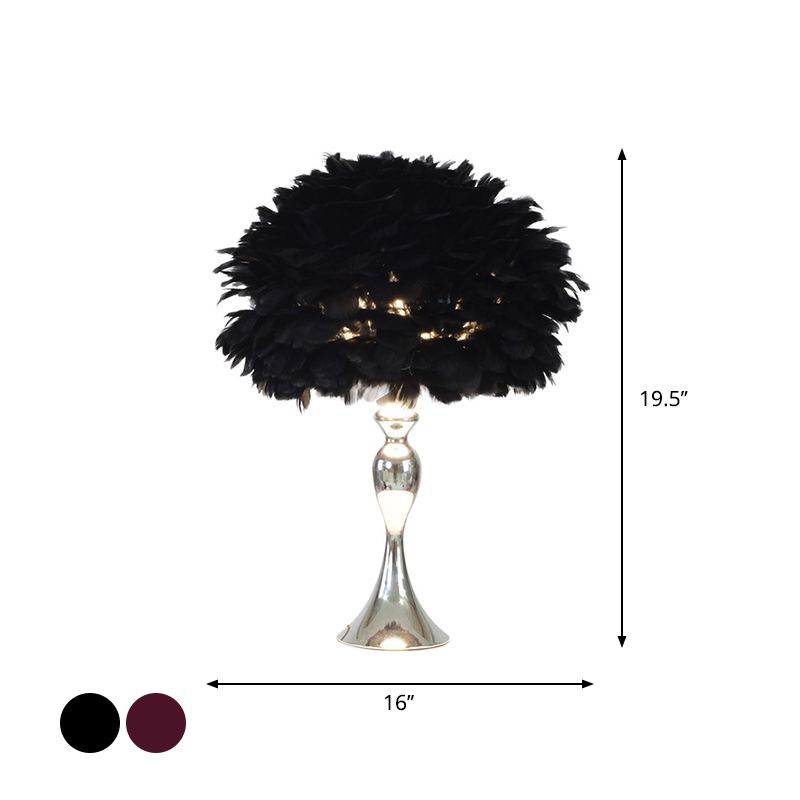Black/Purple Dome Night Lamp Modern 1-Bulb Feather Table Light with Chrome Baluster Base