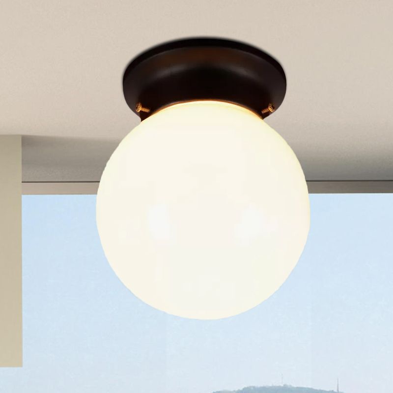 One Light Globe Flush Mount Black/Clear Industrial Ribbed/Opal/Prismatic Glass Lighting Fixture, 6"/6.5" Wide