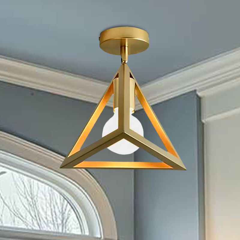Lámpara de techo industrial para dormitorio, 1 cabezal, con marco de alambre, metálica, semiempotrada, global/triangular, en latón
