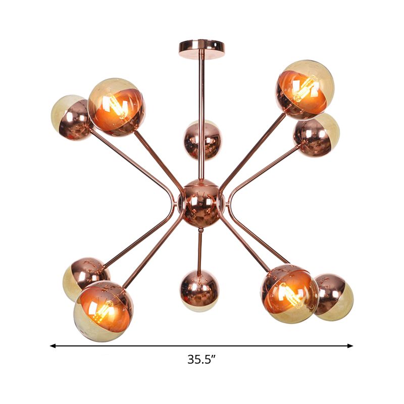 Moderniste 12 têtes Chandelier Rose Gold Sphere plafond suspendu avec une teinte en verre ambre