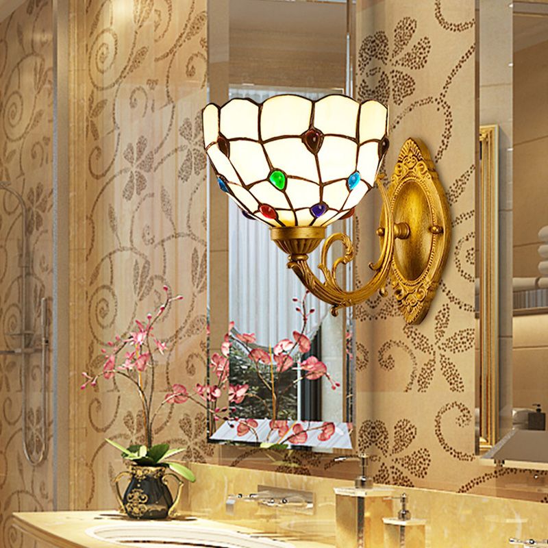 1 Light Bathroom Vanity Lamp Mediterranean Brass Sconce Light Fixture with Beaded White Glass Shade