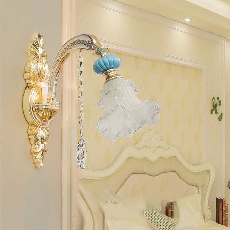Flower Wall Mount Light Nordic White Glass 1/2 Lights Gold Wall Mount Light for Bedroom with Crystal Drop
