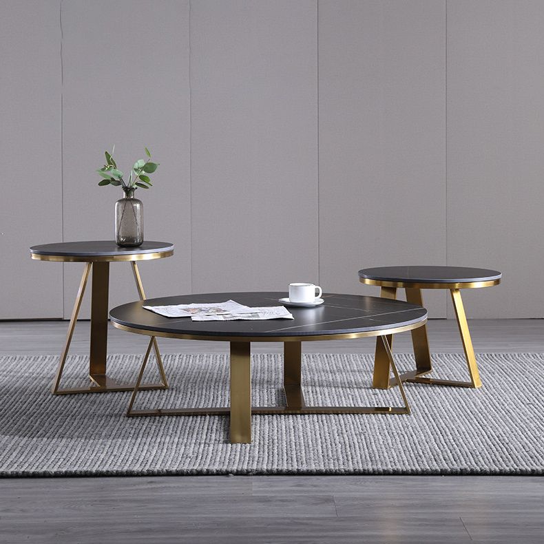 Black Round Slate Coffee Table Luxurious Steel Frame Cocktail Table