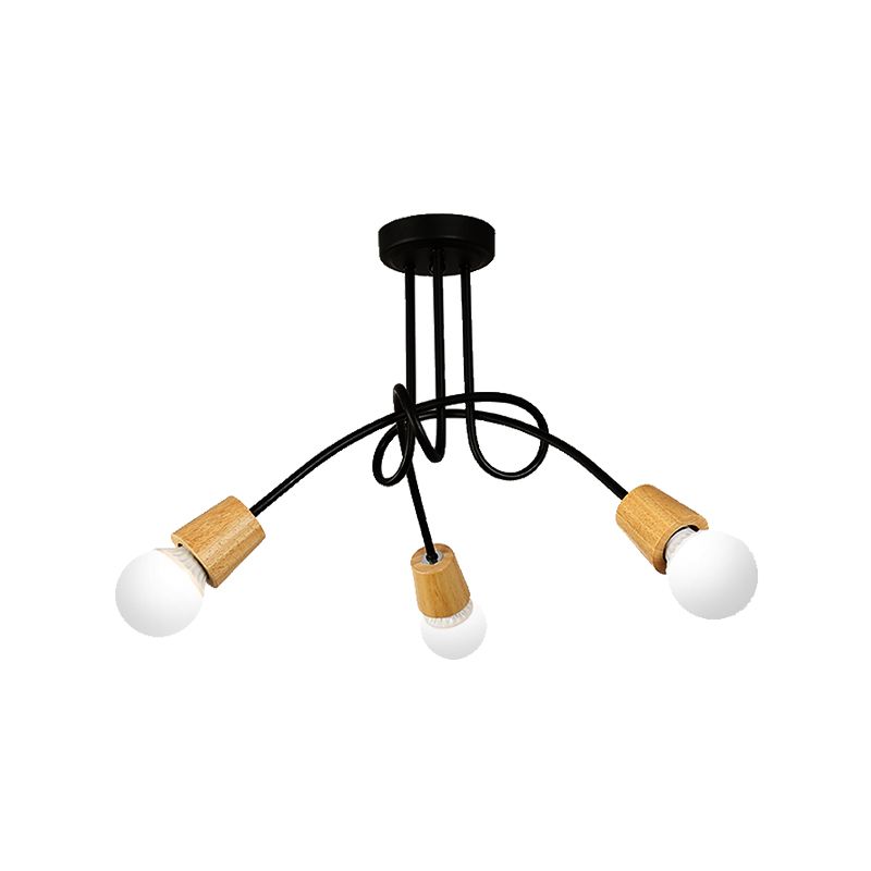 Metal Open Bulb Ceiling Light Fixture with Twisted Arm Loft Style 3/5 Lights Kitchen Semi Flush Pendentif Light in Wood