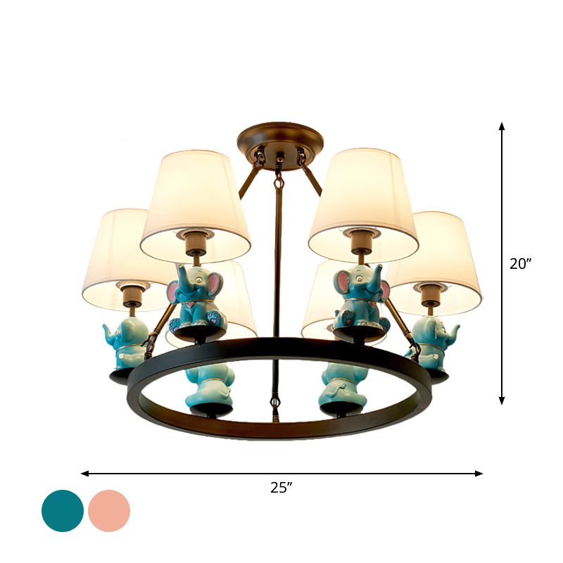 Black Ring Chandelier Lamp Cartoon 6-Head Metal Pendant Ceiling Light with Cone Fabric Shade and Pink/Blue Elephant Decor