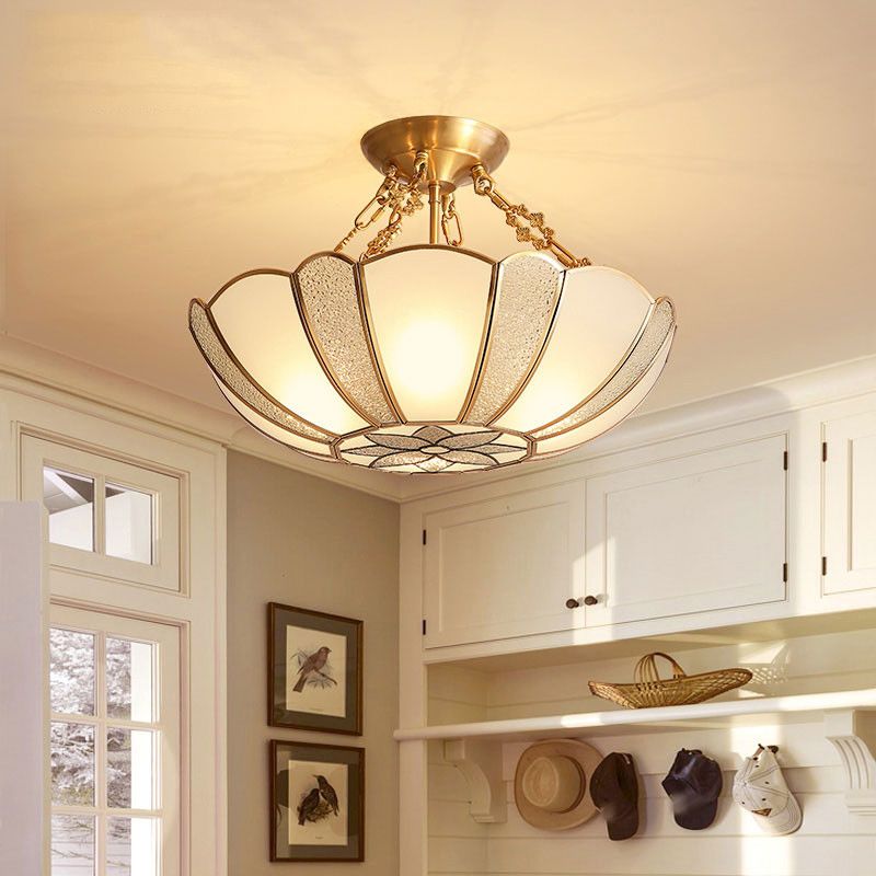 Inverted Bedroom Semi Flush Mount Light Vintage Glass Brass Ceiling Lighting