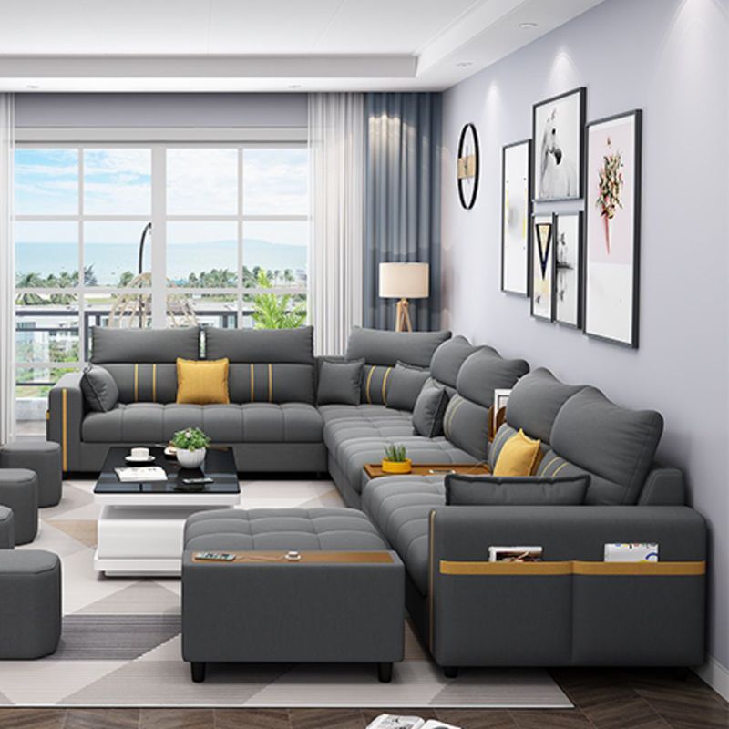 Square Arm Cotton Blend and Faux Leather Sectionals Sofas with Storage